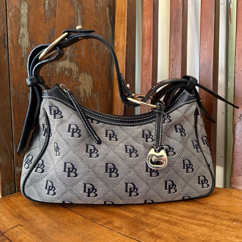 Dooney & Bourke East West Slouch Monogram Canvas Black Leather Y2K Shoulder Bag